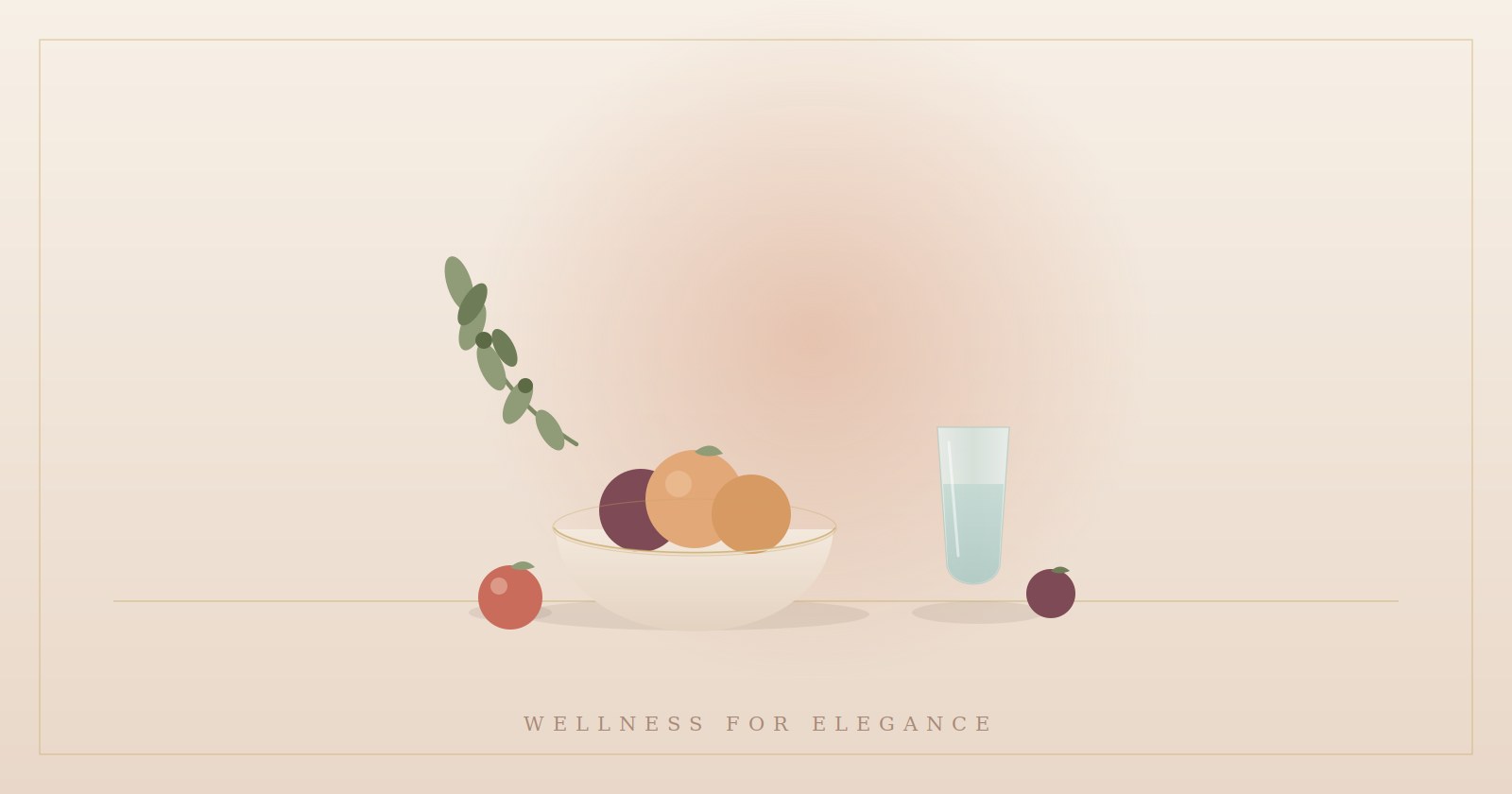Illustrazione: ciotola di frutta, bicchiere d'acqua e rametto d'olivo — nutrimento e benessere