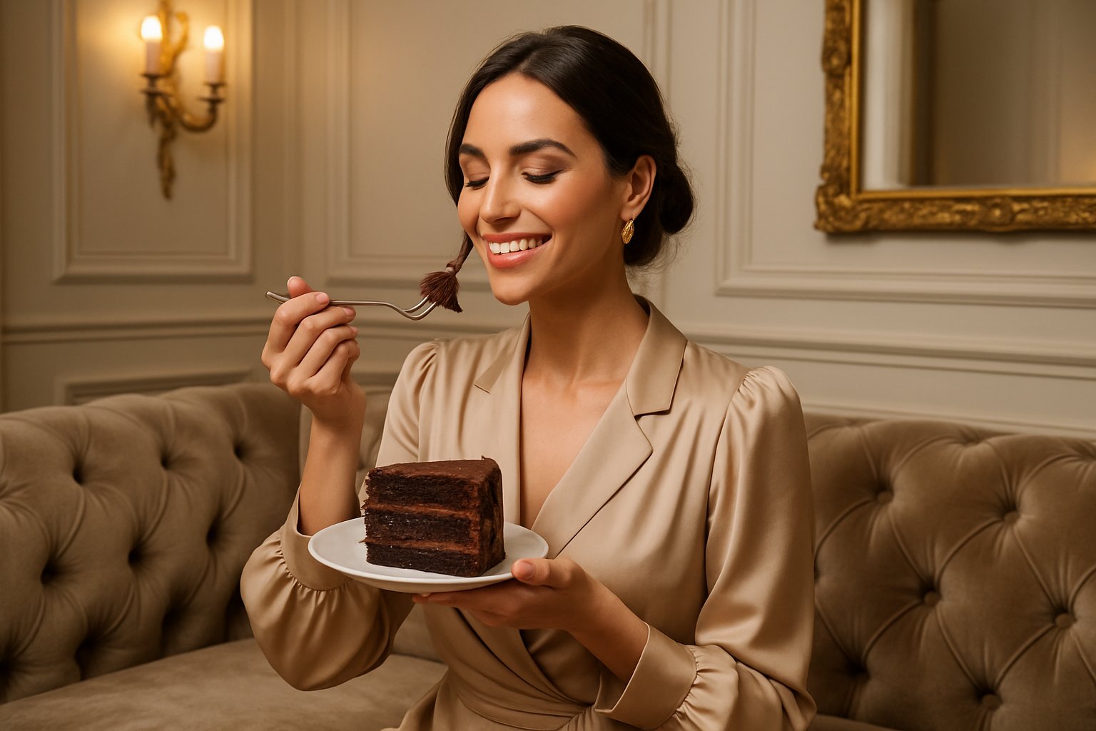 Donna elegante che gusta una fetta di torta al cioccolato con serenità